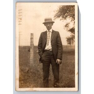 Young Man Portrait 1910s Snapshot Photograph Straw Hat Suit Americana Will C